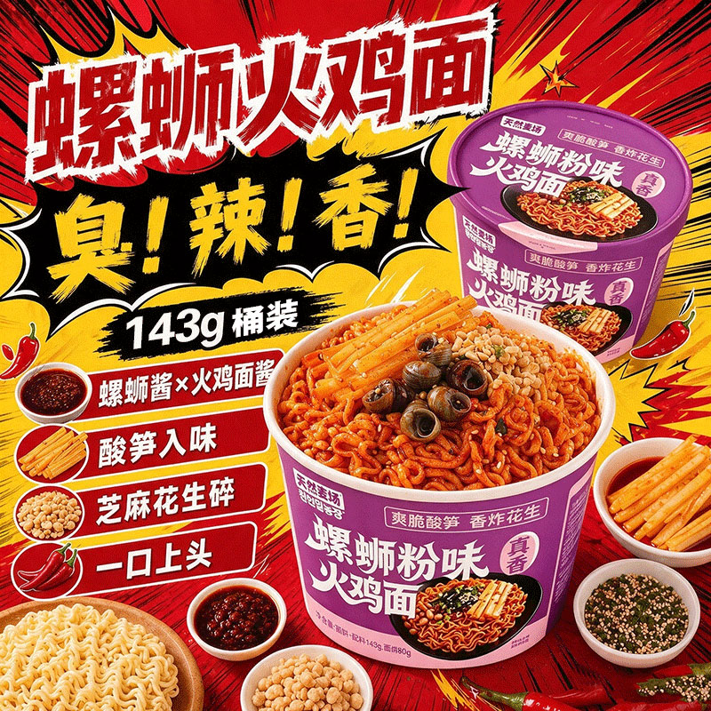 天然麦场螺蛳粉味火鸡面笋酸辣粉臭香拌面夜宵零食桶装泡面方便面