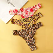 女无痕内裤 冰丝性感豹纹一片式 大码 健身运动丁字裤 低腰瑜伽t裤 薄