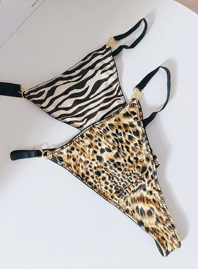 细带豹纹丁字裤女内裤情调欧美性感冰丝低腰瑜伽健身无痕女tback