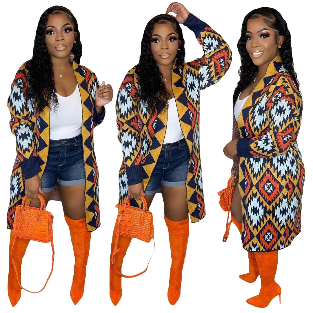 TS1238 跨境货源新款欧美女装花色长款手工针织外套