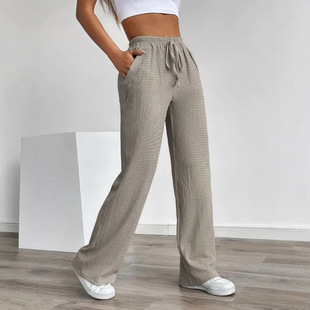 纯色花纹宽松弹性中腰订绳口袋休闲中性长裤 欧美跨境春秋新款 女装