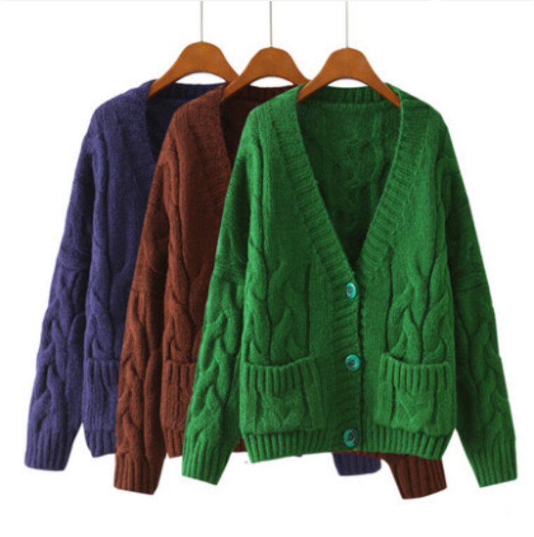 2025韩版针织衫女开衫短款粗毛线女装春秋学生宽松麻花毛衣外套女