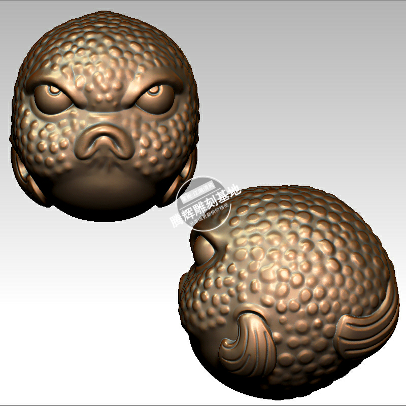 木雕3D模型摆件图stl/obj四轴圆雕图河豚鱼圆珠手串手把件立体图