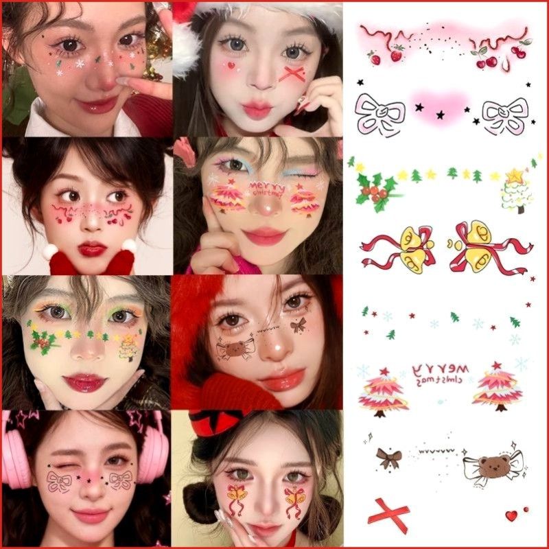 圣诞节蝴蝶结腮红妆容脸贴纹身贴氛围感COS派对拍照出片甜美持久