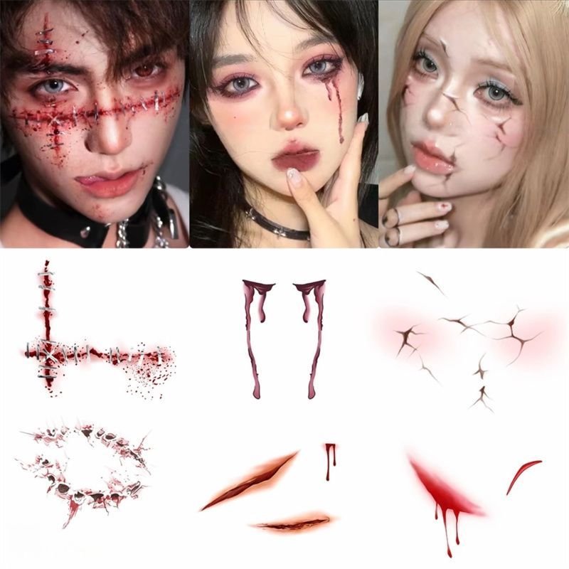 暗黑风万圣节咬痕伤痕纹身贴防水防汗节日cosplay脸颊妆容彩色贴