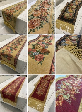 库存老货美式乡村vintage复古风格中式怀旧富贵牡丹花桌旗