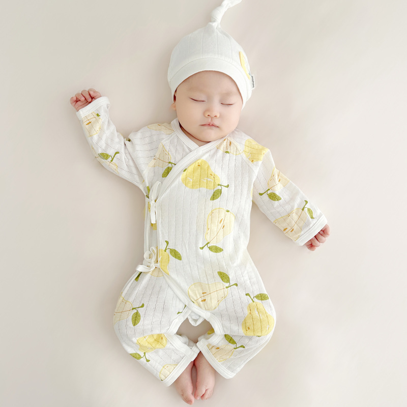 A类100%纯棉新生婴儿连体衣夏季薄款0-3-6个月长袖空调家居服睡衣