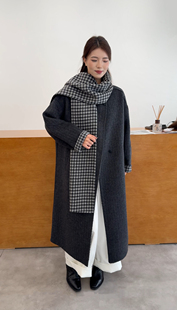 2025年冬季复古格子围巾款双面羊毛大衣女中长款显瘦羊毛呢外套女