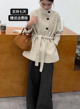2025年冬季新款立领双面羊毛大衣女韩版A型系带裙摆羊毛呢外套短