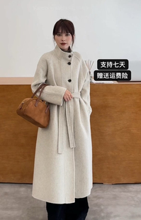 A版 立领双面羊毛大衣女长款 韩版 新款 系带裙摆羊毛呢外套 2025冬季