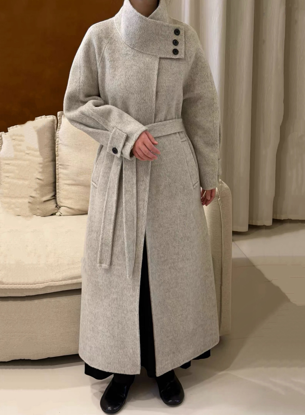 2026年新款气质高领设计感系带长款双面羊毛大衣羊毛呢外套秋季女
