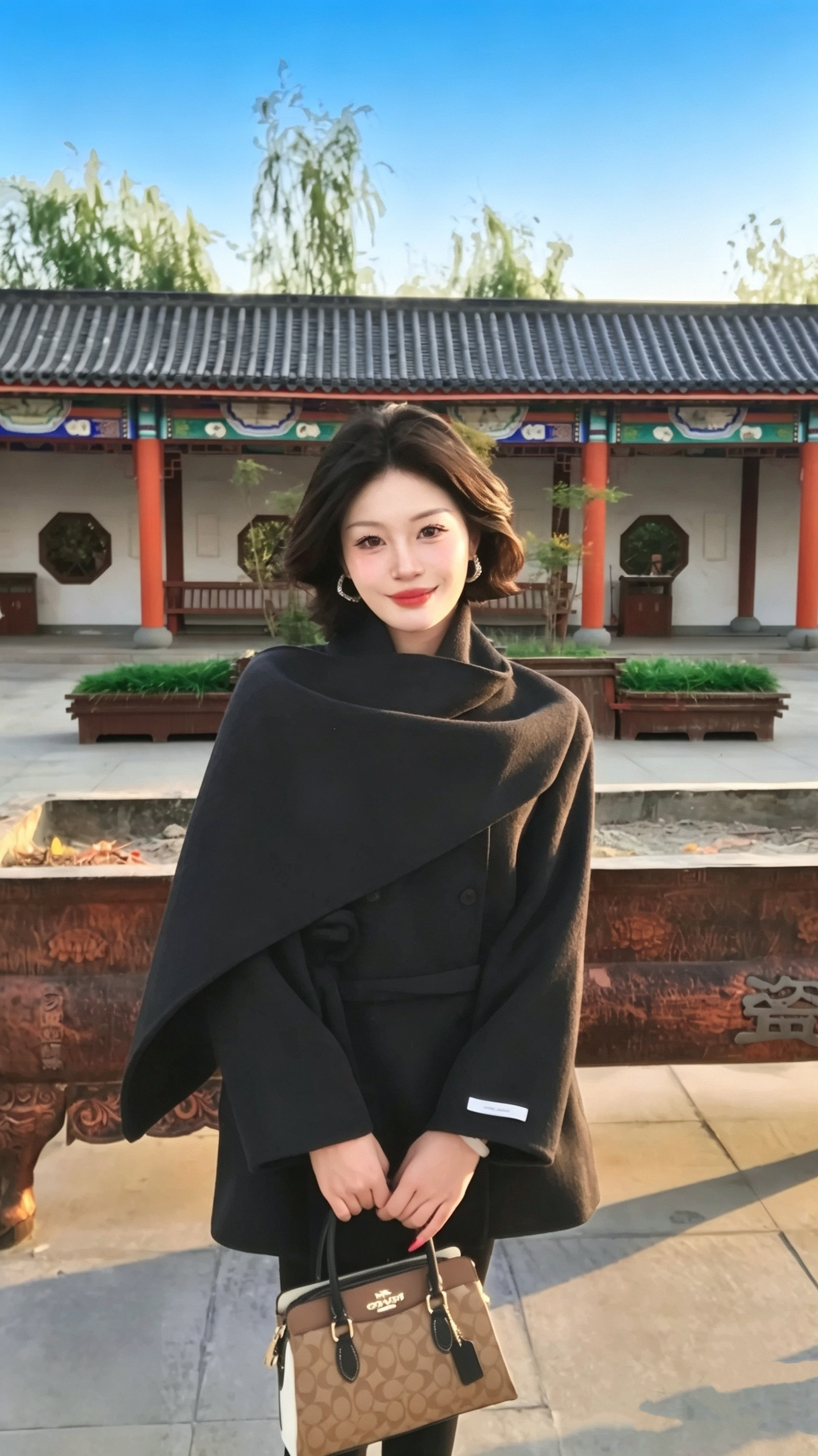围巾领双面羊毛大衣女短款2026秋季新款收腰显瘦千金风羊毛呢外套