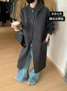2024年秋连帽牛角扣双面羊绒大衣女长款韩系宽松慵懒风羊毛呢外套