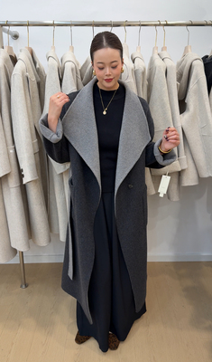 2025年秋季新款大翻领拼色双面羊毛大衣女中长款显瘦羊毛呢外套女