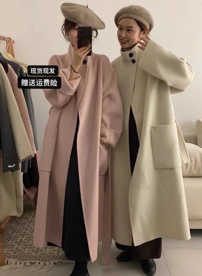 春季新品兔毛桑蚕丝立领双面羊绒大衣女中长款高端外套