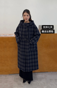 2025年秋季 显瘦羊毛呢外套女 新款 连帽格子双面羊毛大衣女中长款