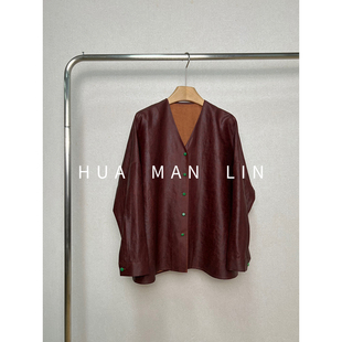 【花满林】V领玉石扣重缎红云纱香云纱真丝桑蚕丝上衣253069