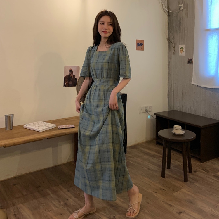 Real price ~ summer Korean Plaid long and thin A-line dress