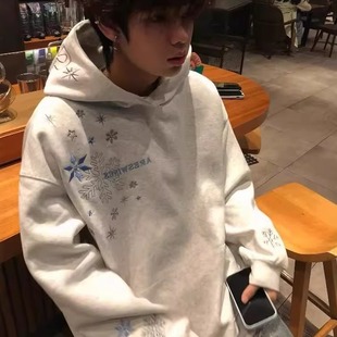 美式高街雪花刺绣连帽卫衣男女春秋加绒重磅硬挺痞帅情侣帽衫上衣