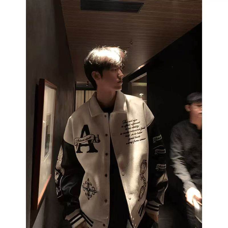 美式复古重工字母刺绣翻领棒球服外套男女2026年春秋潮牌情侣夹克,男装,夹克,淘宝优惠券,粉丝福利购,淘宝优惠卷