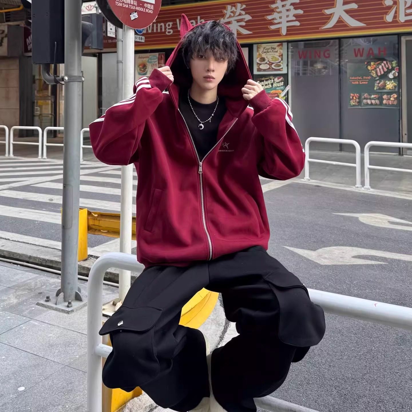 美式潮牌三条杠红色连帽开衫卫衣男女春秋季痞帅百搭情侣拉链外套