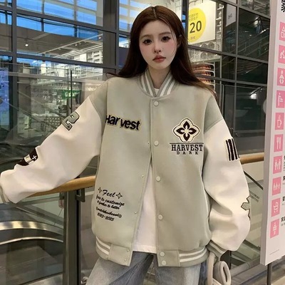 美式复古重磅字母刺绣拼接棒球服