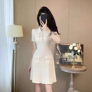 法式千金风夏季新款白色针织连衣裙温柔气质小个子短款Polo领