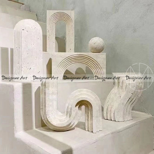 新中式客厅黄洞石摆件现代几何不规则摆件客厅玄关酒店样板房装饰