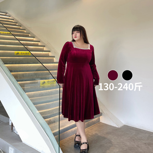 胖莹莹大码 胖妞春秋蕾丝方领敬酒服胖mm显瘦气质丝绒连衣裙 女装