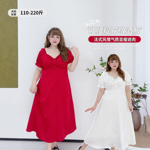 气质红色敬酒服胖仙女莹莹大码 甜美肌理感提花收腰连衣裙 女装 夏季