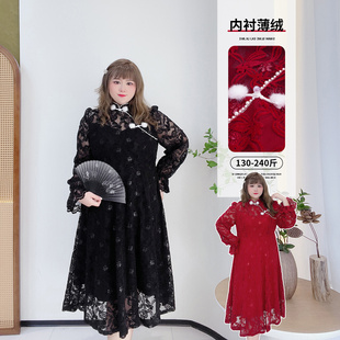 女装 内衬薄绒甜美内搭盘扣长裙胖莹莹大码 胖mm国风蕾丝显瘦连衣裙