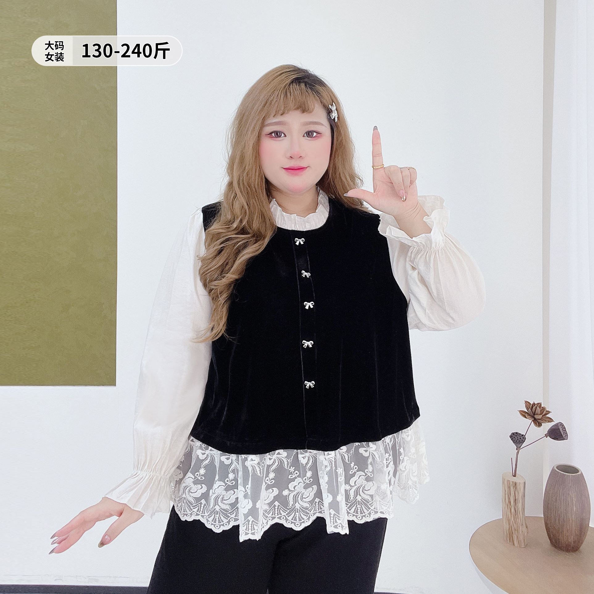 300斤甜美风显瘦假两件丝绒衬衫胖仙女莹大码女装秋冬蕾丝娃娃衫