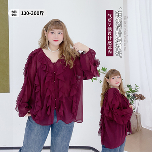 衬衫 300斤设计感显瘦上衣潮胖莹莹大码 减龄荷叶边V领长袖 春季 女装