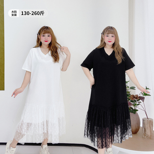 短袖 时尚 孕妇遮肚长款 女装 连衣裙 拼接网纱v领长裙胖仙女莹莹大码