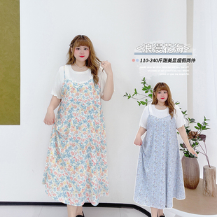 气质收腰拼接吊带长裙 夏时尚 240斤显瘦碎花连衣裙胖莹莹大码 女装