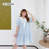 甜美风别致花边短裙胖莹莹大码 女装 夏娃娃领气质系带肌理感连衣裙