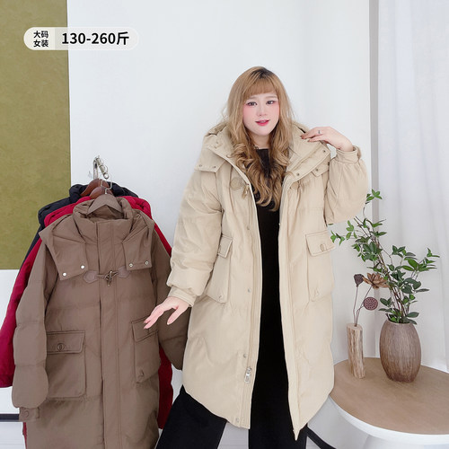 韩系休闲风宽松中长款连帽羽绒服