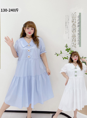 小清新白色鱼尾裙胖莹莹大码女装夏季甜美风收腰立体花短袖连衣裙