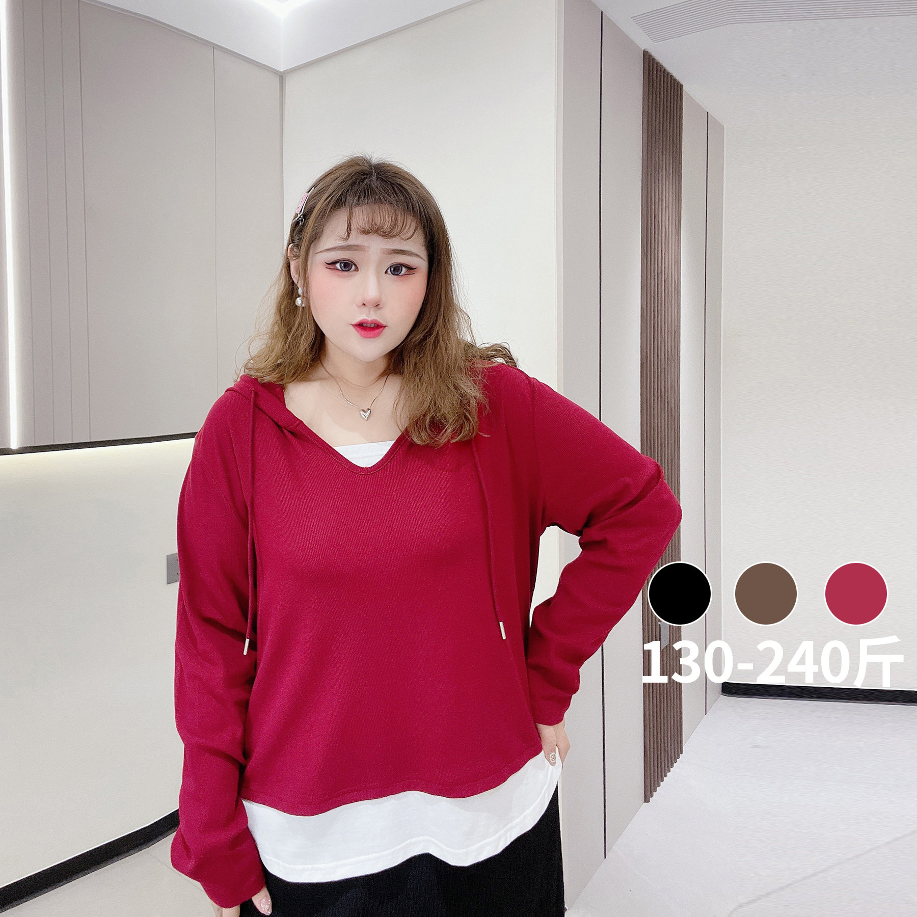 撞色假两件打底衫胖仙女莹莹大码女装胖mm春秋显瘦时髦连帽针织衫,女装/女士精品,大码内搭,淘宝优惠券,粉丝福利购,淘宝优惠卷