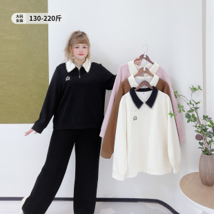 韩系奶乖polo领拉链卫衣胖莹莹大码 秋冬学院百搭显瘦内搭上衣 女装