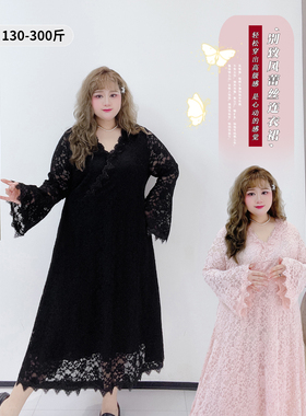 300斤法式v领恋综高级感长裙子胖仙女莹莹大码女装春夏蕾丝连衣裙