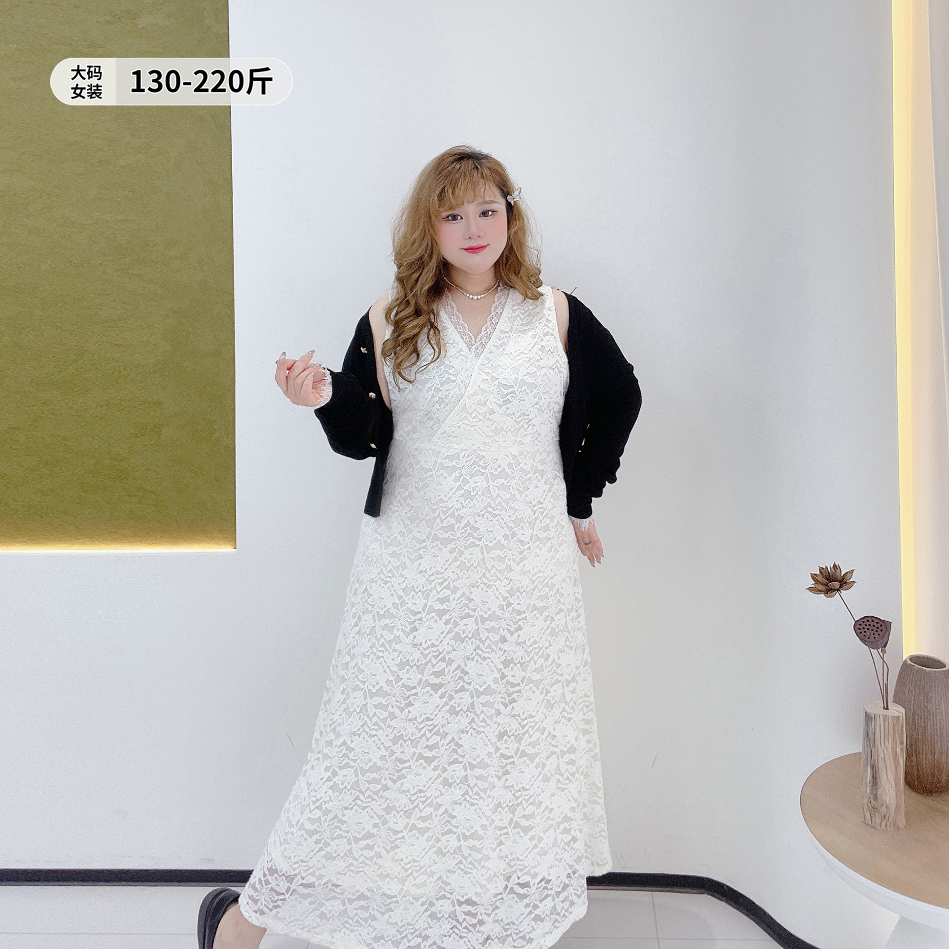 纯欲风v领蕾丝裙胖莹莹大码女装春夏绝美碎花连衣裙针织开衫套装