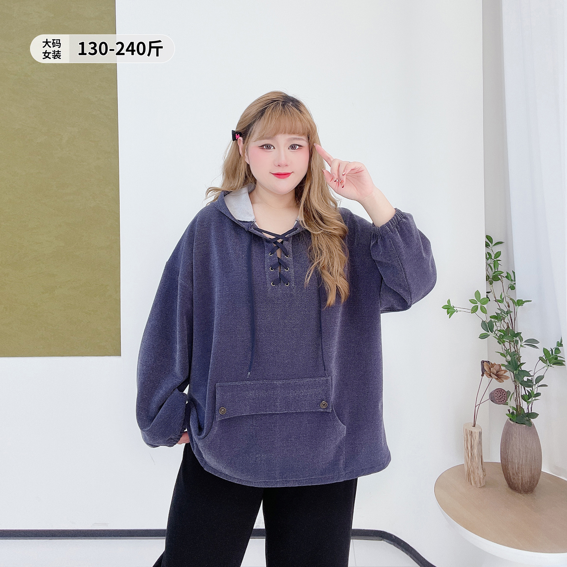 韩系休闲宽松遮肉仿牛仔连帽卫衣