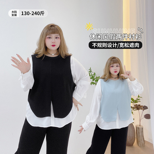 撞色不规则设计感显瘦内搭胖莹莹大码 衬衫 女装 假两件长袖 秋季 时尚