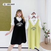 学院风假两件长裙胖莹莹大码 女装 夏polo领显瘦减龄撞色印花连衣裙