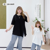 休闲风开叉T恤衫 欧货300斤显瘦五分袖 时尚 长款 上衣胖莹莹大码 女装