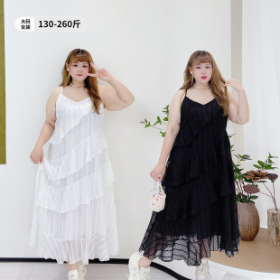 甜美风荷叶边雪纺连衣裙胖莹莹大码 夏A字显瘦刺绣蛋糕吊带裙 女装