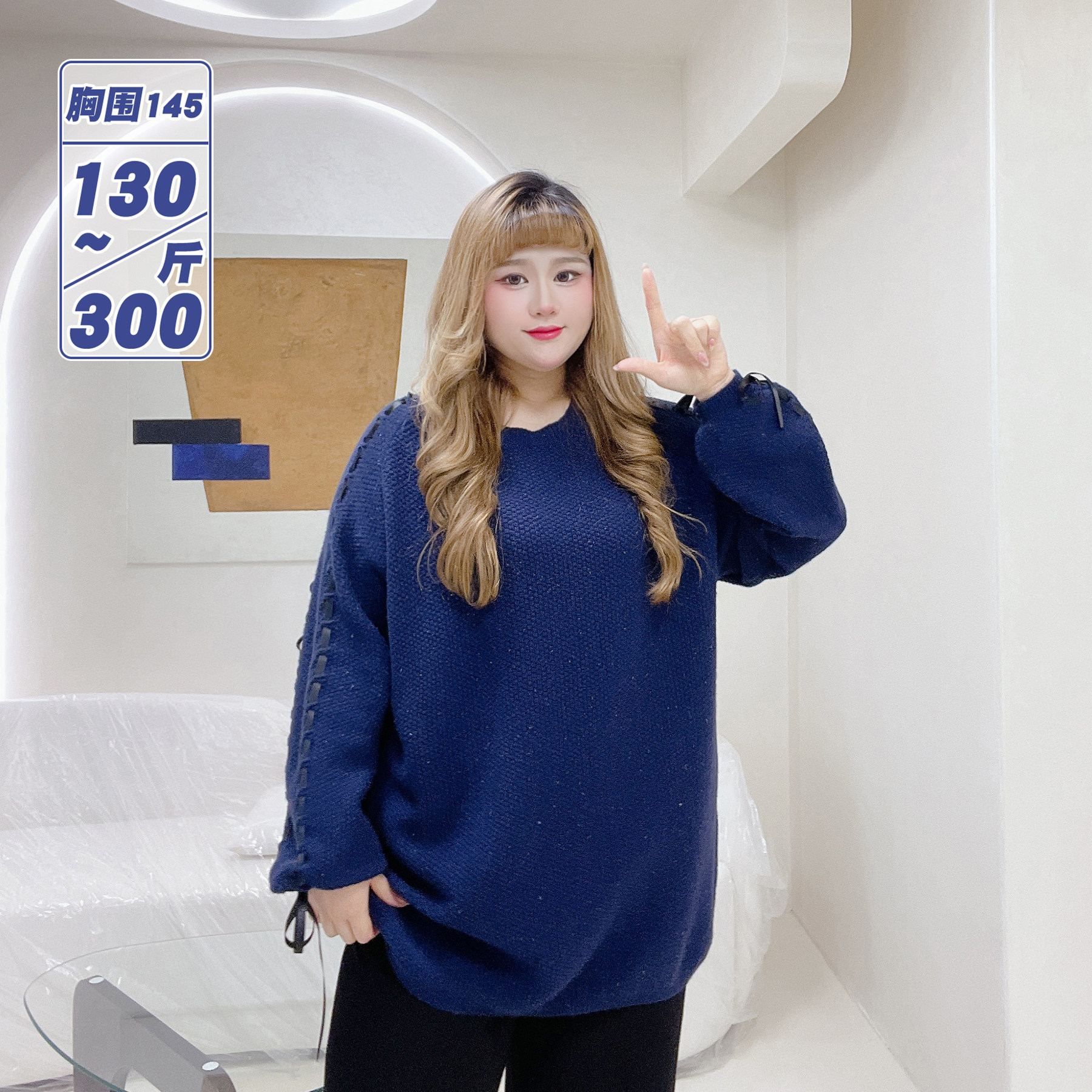 300斤设计感毛球中长款毛衣胖莹莹大码女装春季蝴蝶结绑带针织衫