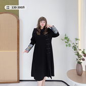 300斤新中式 胖mm盘扣旗袍开叉连衣裙 拼接提花长裙胖莹莹大码 女装