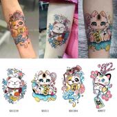 可爱卡通招财猫彩色纹身贴防水持久ins酷潮帅气男女手臂锁骨贴纸